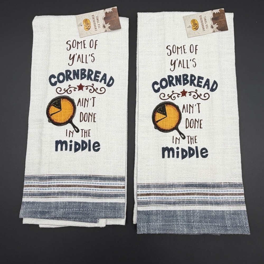 Cracker Barrel Set Of Two Cotton‎ Kitchen Tea Towels Cornbread Ain't Done Quote